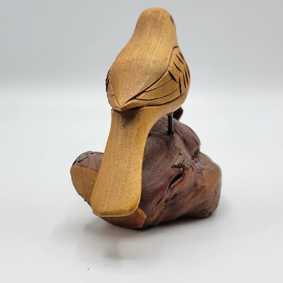 Vintage Hand Carved Wooden Wood Bird Sculpture Figure On Driftwood Stand - Picture 5 of 9